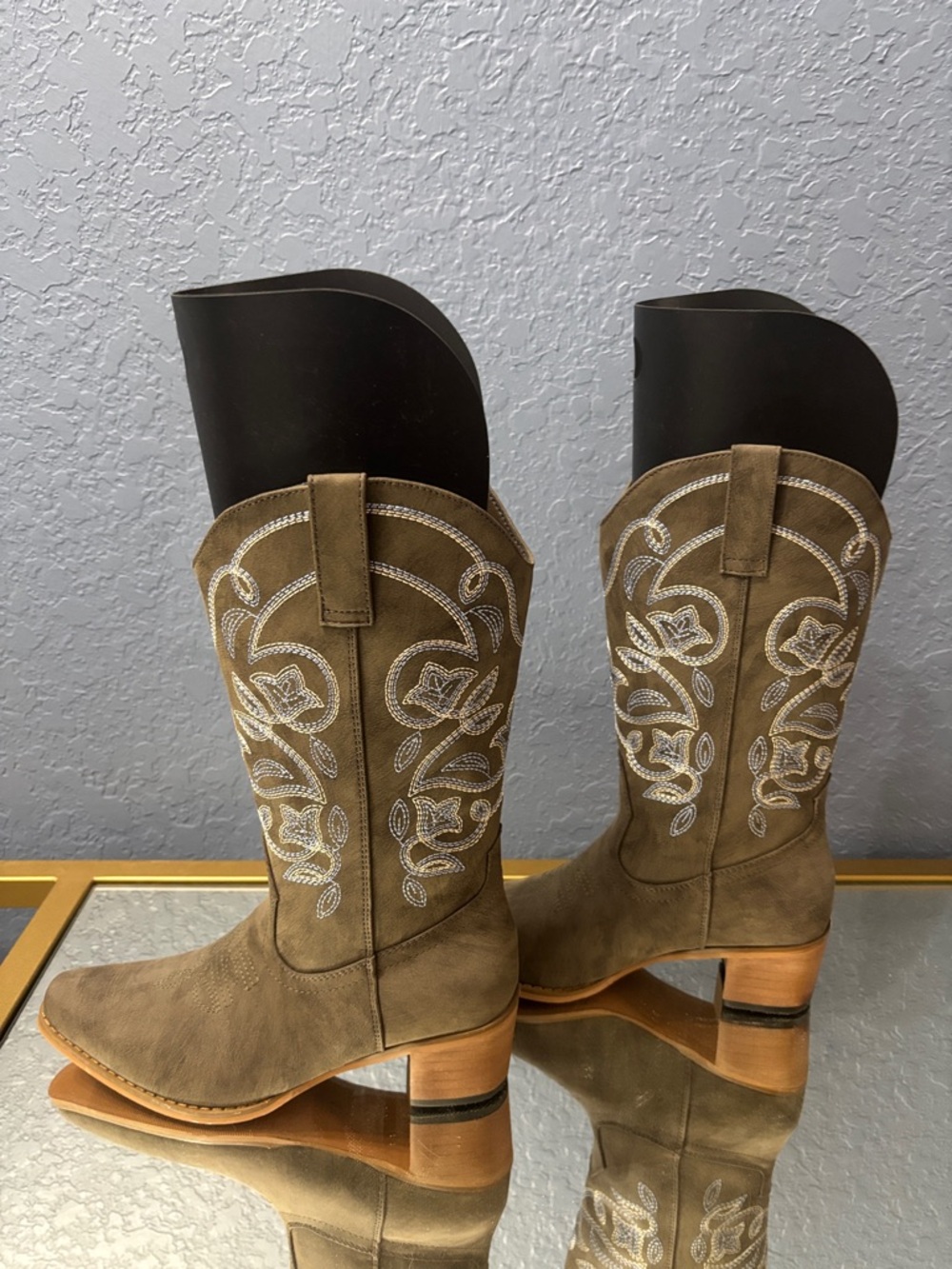 Taupe Embroidered Women's Western Heeled Boots - Picture 4 of 5
